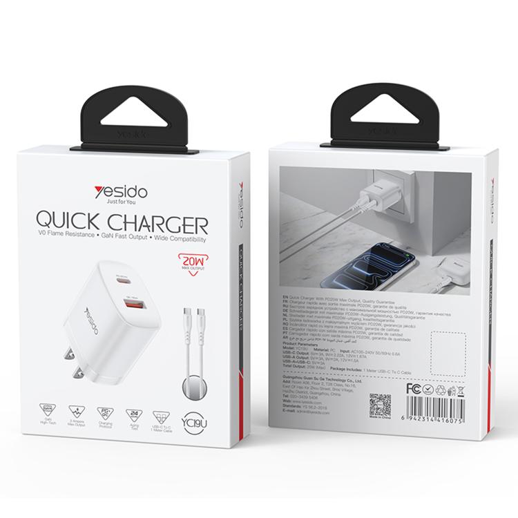 Yesido YC19U PD20W USB-C / Type-C and QC18W USB-A Dual Ports Charger Set with Type-C to Type-C Cable, US Plug - White