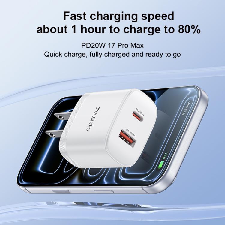 Yesido YC19U PD20W USB-C / Type-C and QC18W USB-A Dual Ports Charger Set with Type-C to Type-C Cable, US Plug - White