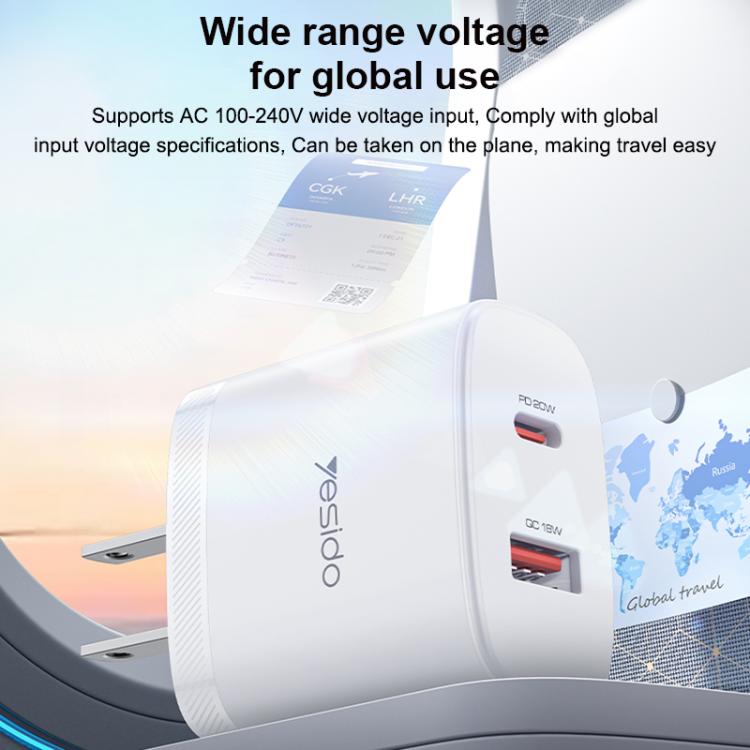 Yesido YC19U PD20W USB-C / Type-C and QC18W USB-A Dual Ports Charger Set with Type-C to Type-C Cable, US Plug - White