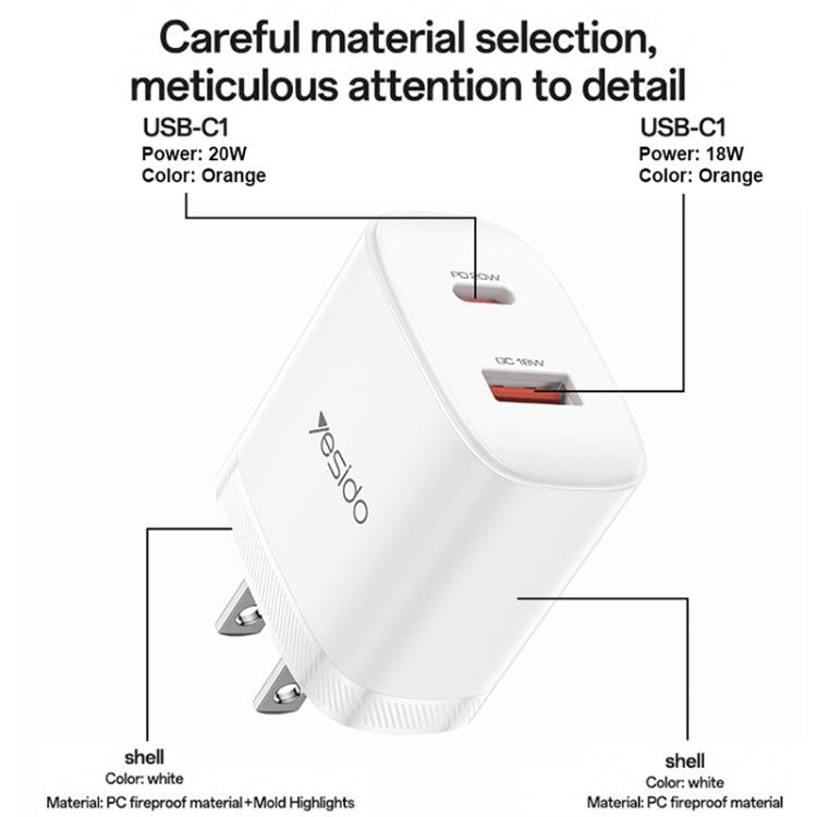 Yesido YC19U PD20W USB-C / Type-C and QC18W USB-A Dual Ports Charger Set with Type-C to Type-C Cable, US Plug - White