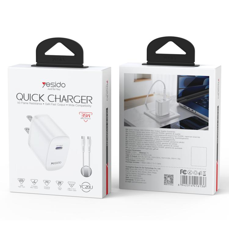 Yesido YC20U PD35W USB-C / Type-C Single Port Fast Charger Set with Type-C to Type-C Cable, US Plug - White
