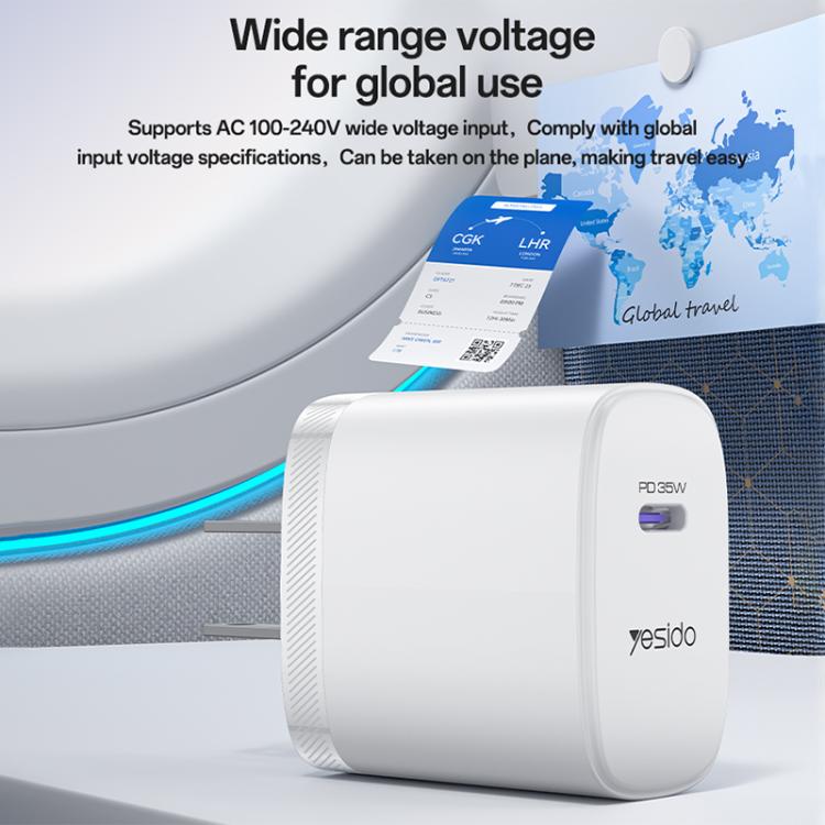 Yesido YC20U PD35W USB-C / Type-C Single Port Fast Charger Set with Type-C to Type-C Cable, US Plug - White
