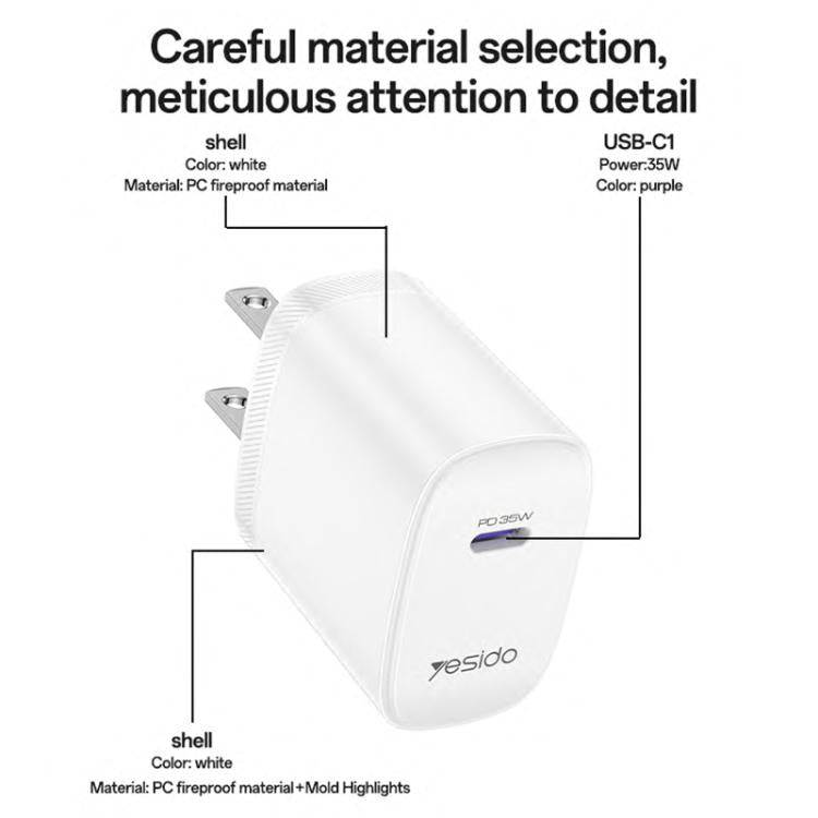 Yesido YC20U PD35W USB-C / Type-C Single Port Fast Charger Set with Type-C to Type-C Cable, US Plug - White