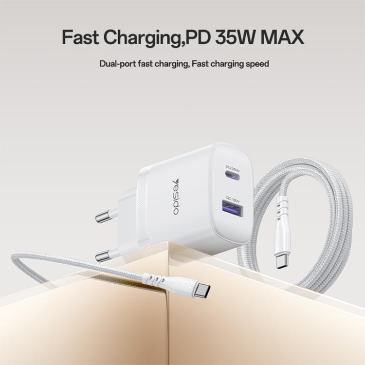 Yesido PD35W Type-C, USB Fast Charger Kit with Type-C to Type-C Cable, Plug:EU Plug - White