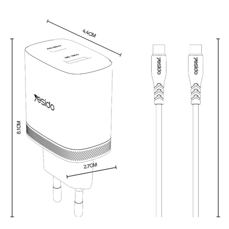 Yesido PD35W Type-C, USB Fast Charger Kit with Type-C to Type-C Cable, Plug:EU Plug - White