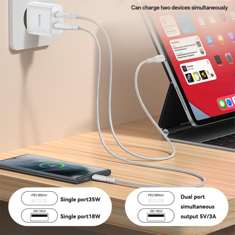 Yesido PD35W Type-C, USB Fast Charger Kit with Type-C to Type-C Cable, Plug:EU Plug - White