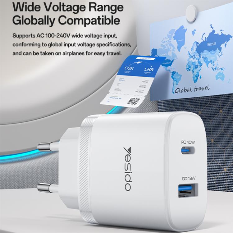 Yesido PD35W Type-C, USB Fast Charger Kit with Type-C to Type-C Cable, Plug:EU Plug - White