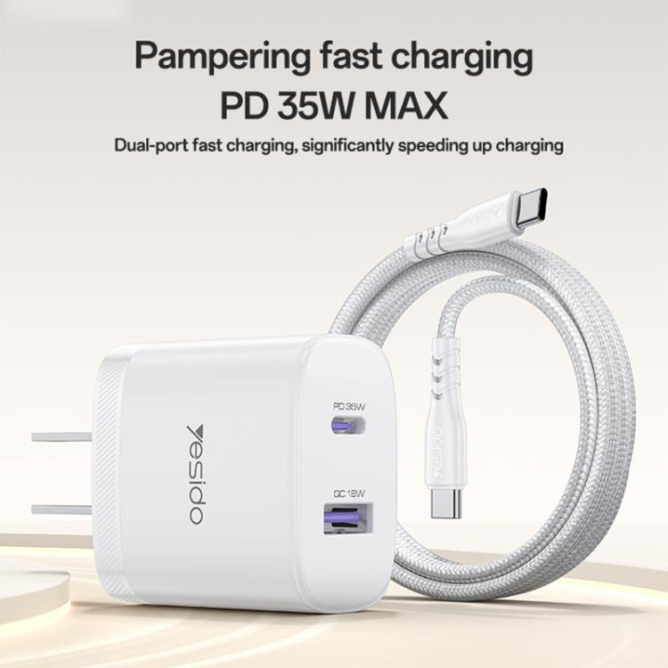 Yesido PD35W Type-C, USB Fast Charger Kit with Type-C to Type-C Cable, Plug:US Plug - White