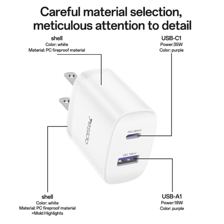 Yesido PD35W Type-C, USB Fast Charger Kit with Type-C to Type-C Cable, Plug:US Plug - White
