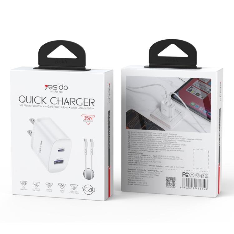 Yesido PD35W Type-C, USB Fast Charger Kit with Type-C to Type-C Cable, Plug:US Plug - White
