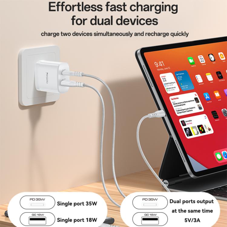 Yesido PD35W Type-C, USB Fast Charger Kit with Type-C to Type-C Cable, Plug:US Plug - White