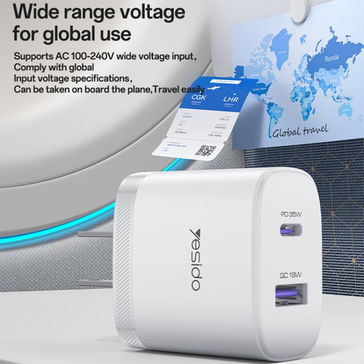Yesido PD35W Type-C, USB Fast Charger Kit with Type-C to Type-C Cable, Plug:US Plug - White