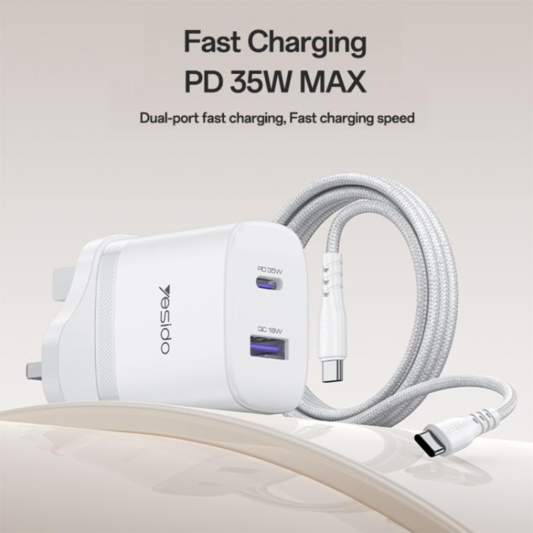 Yesido PD35W Type-C, USB Fast Charger Kit with Type-C to Type-C Cable, Plug:UK Plug - White