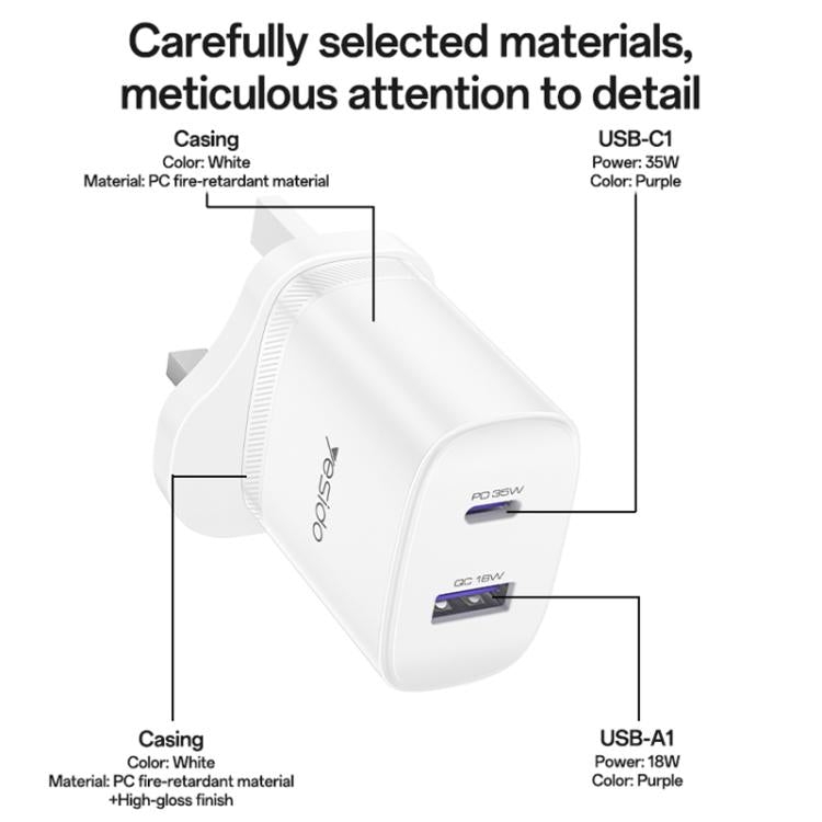 Yesido PD35W Type-C, USB Fast Charger Kit with Type-C to Type-C Cable, Plug:UK Plug - White