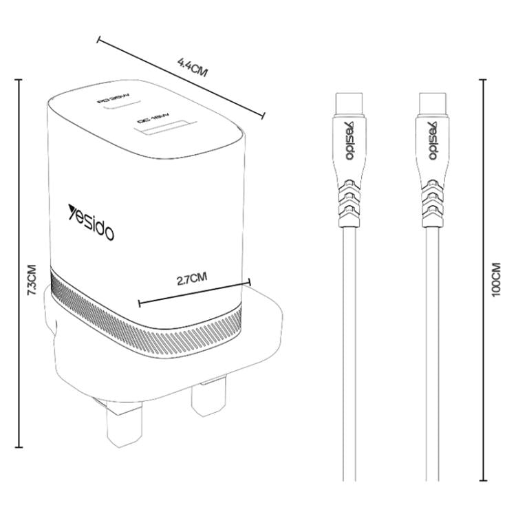 Yesido PD35W Type-C, USB Fast Charger Kit with Type-C to Type-C Cable, Plug:UK Plug - White