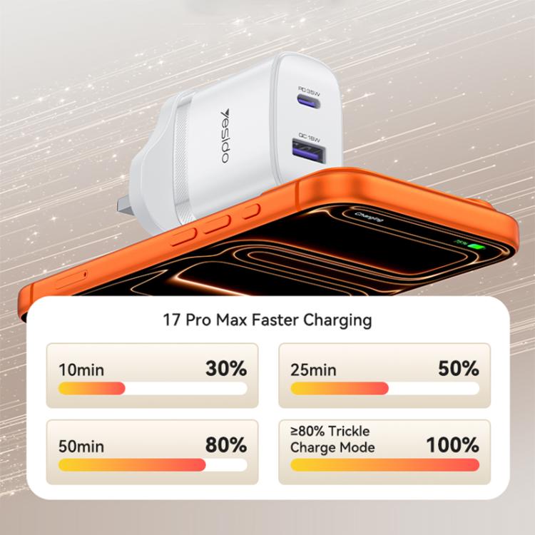 Yesido PD35W Type-C, USB Fast Charger Kit with Type-C to Type-C Cable, Plug:UK Plug - White