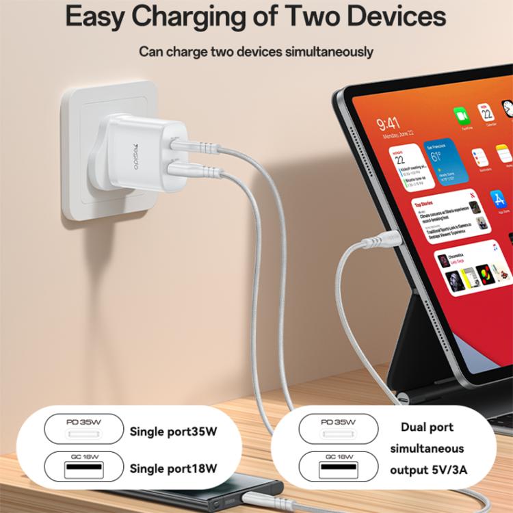 Yesido PD35W Type-C, USB Fast Charger Kit with Type-C to Type-C Cable, Plug:UK Plug - White