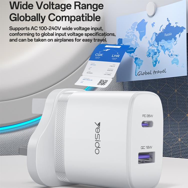 Yesido PD35W Type-C, USB Fast Charger Kit with Type-C to Type-C Cable, Plug:UK Plug - White