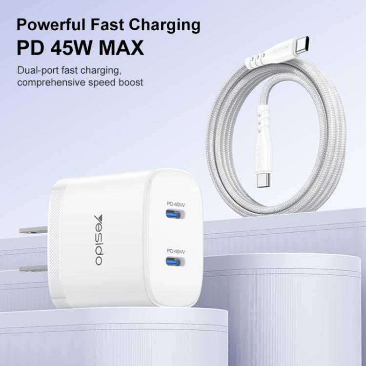 Yesido PD45W Dual Type-C Fast Charger Kit with Type-C to Type-C Cable, Plug:US Plug - White