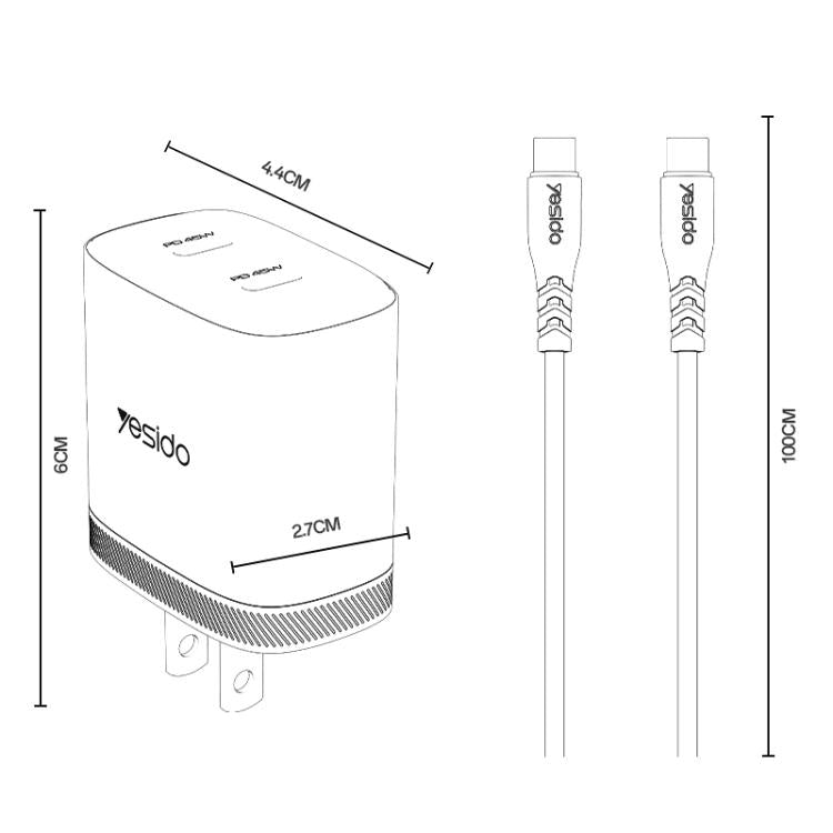 Yesido PD45W Dual Type-C Fast Charger Kit with Type-C to Type-C Cable, Plug:US Plug - White