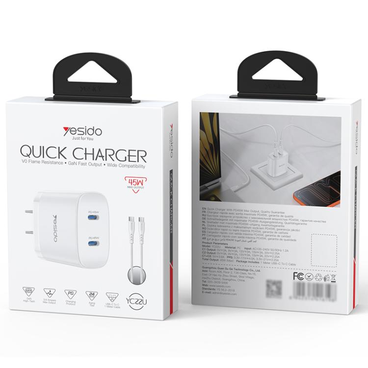 Yesido PD45W Dual Type-C Fast Charger Kit with Type-C to Type-C Cable, Plug:US Plug - White