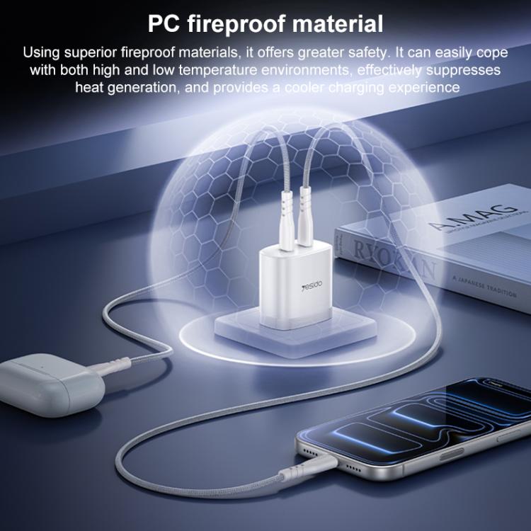 Yesido PD45W Dual Type-C Fast Charger Kit with Type-C to Type-C Cable, Plug:US Plug - White
