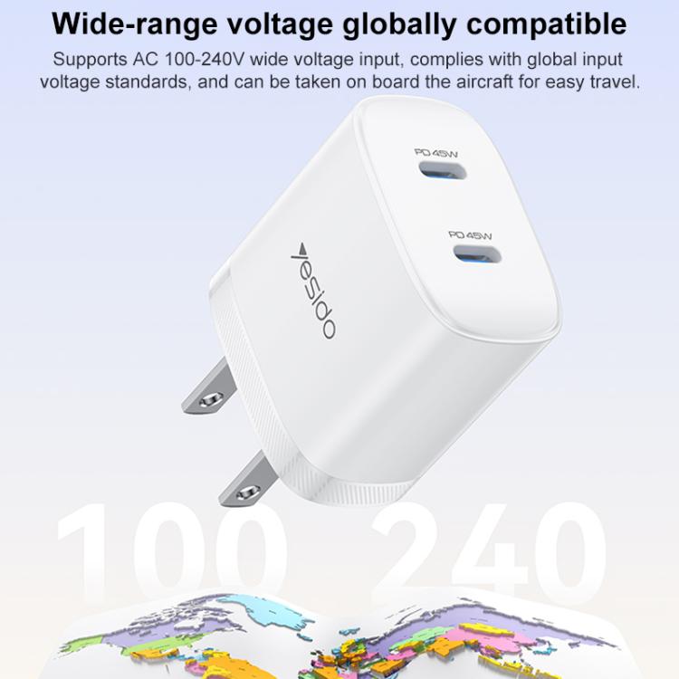 Yesido PD45W Dual Type-C Fast Charger Kit with Type-C to Type-C Cable, Plug:US Plug - White