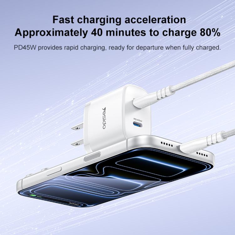 Yesido PD45W Dual Type-C Fast Charger Kit with Type-C to Type-C Cable, Plug:US Plug - White