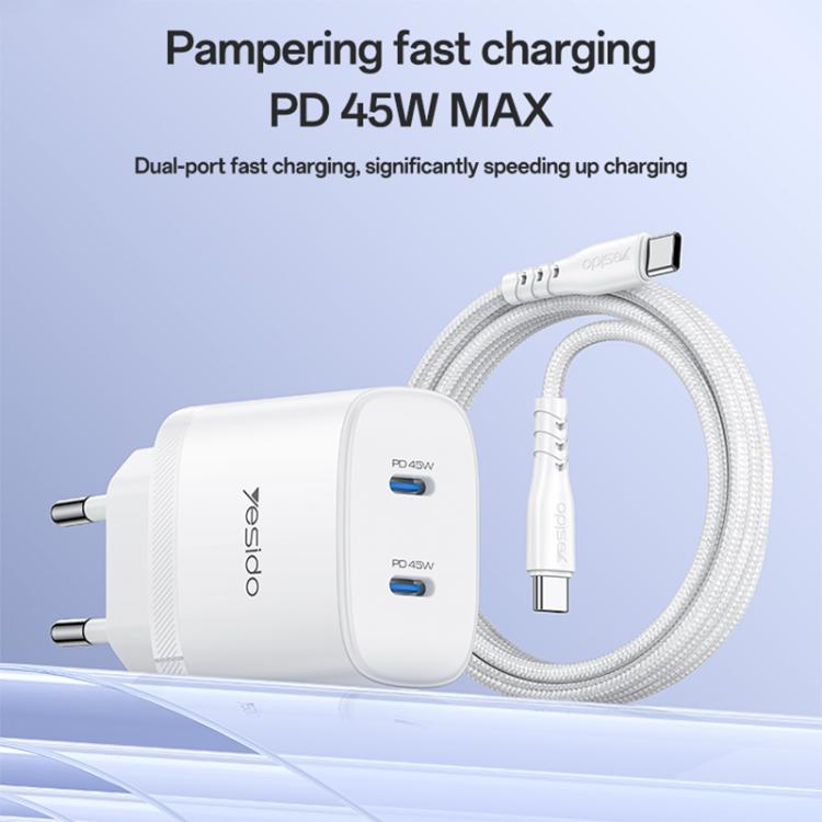 Yesido PD45W Dual Type-C Fast Charger Kit with Type-C to Type-C Cable, Plug:EU Plug - White