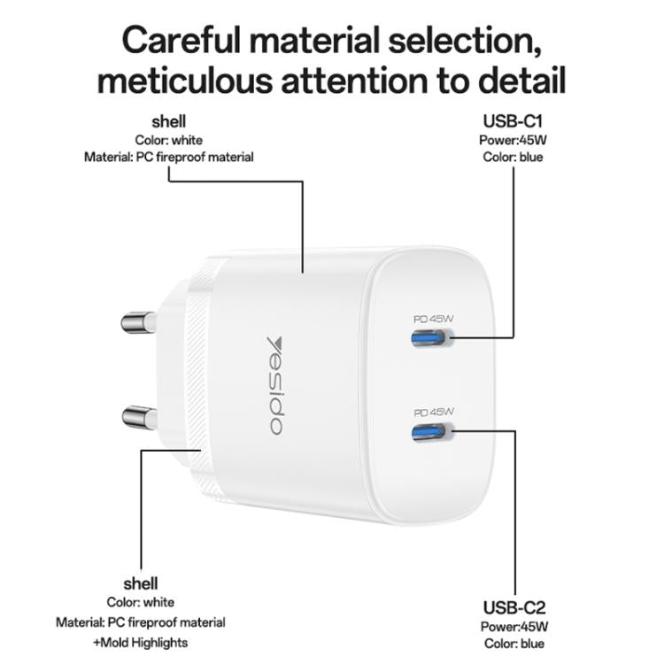 Yesido PD45W Dual Type-C Fast Charger Kit with Type-C to Type-C Cable, Plug:EU Plug - White