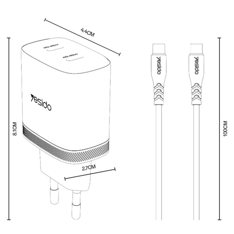 Yesido PD45W Dual Type-C Fast Charger Kit with Type-C to Type-C Cable, Plug:EU Plug - White