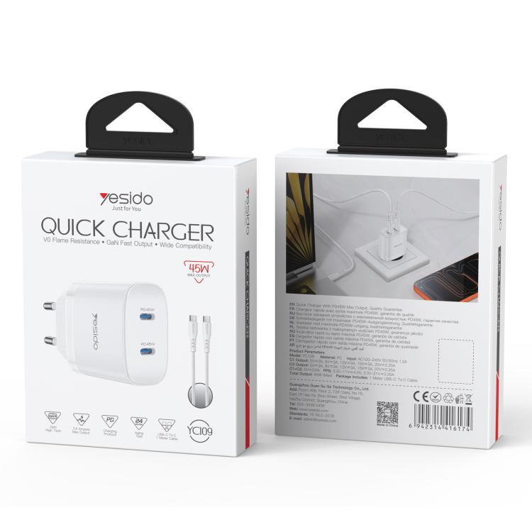 Yesido PD45W Dual Type-C Fast Charger Kit with Type-C to Type-C Cable, Plug:EU Plug - White