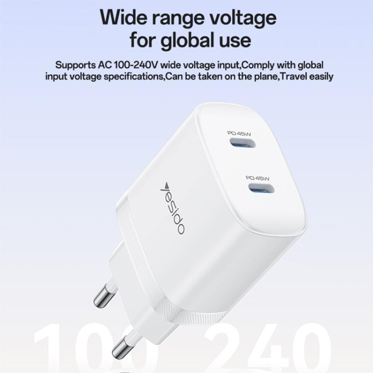 Yesido PD45W Dual Type-C Fast Charger Kit with Type-C to Type-C Cable, Plug:EU Plug - White