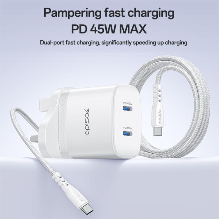 Yesido PD45W Dual Type-C Fast Charger Kit with Type-C to Type-C Cable, Plug:UK Plug - White
