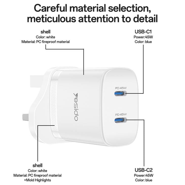 Yesido PD45W Dual Type-C Fast Charger Kit with Type-C to Type-C Cable, Plug:UK Plug - White