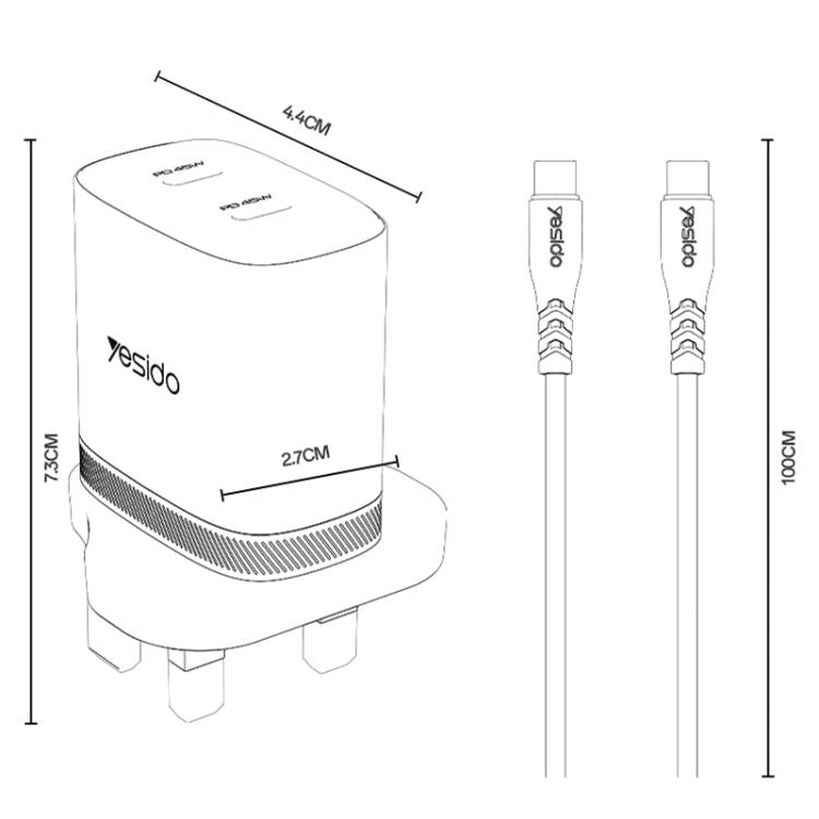 Yesido PD45W Dual Type-C Fast Charger Kit with Type-C to Type-C Cable, Plug:UK Plug - White