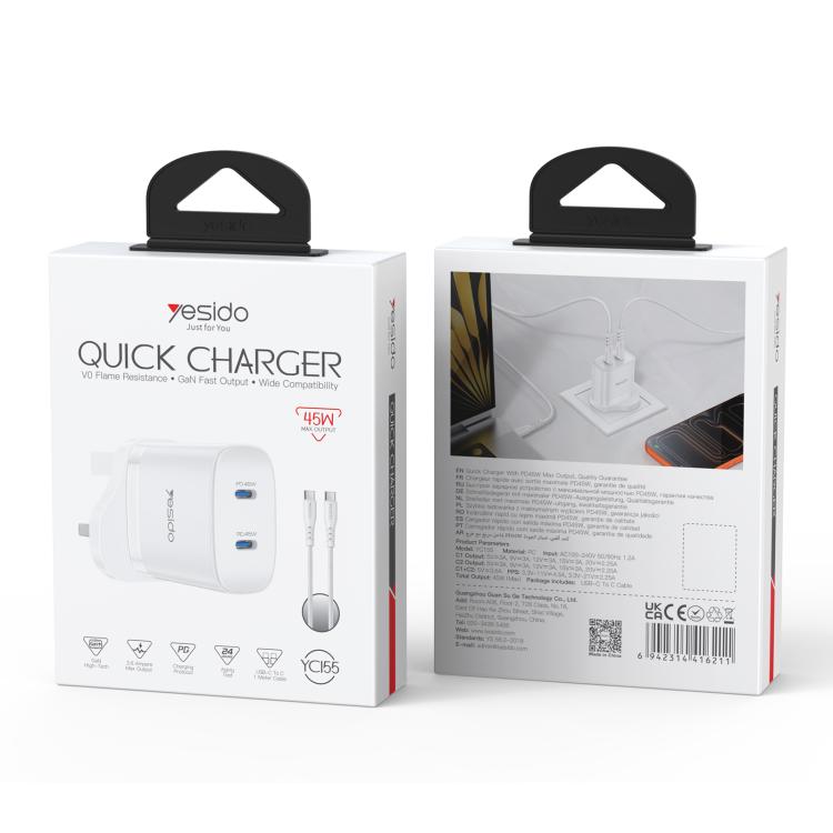 Yesido PD45W Dual Type-C Fast Charger Kit with Type-C to Type-C Cable, Plug:UK Plug - White