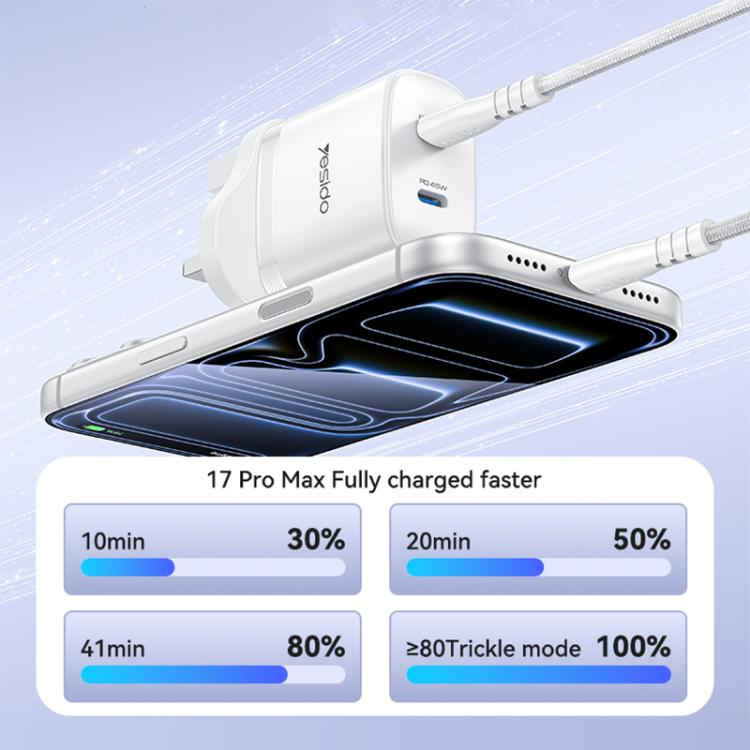 Yesido PD45W Dual Type-C Fast Charger Kit with Type-C to Type-C Cable, Plug:UK Plug - White
