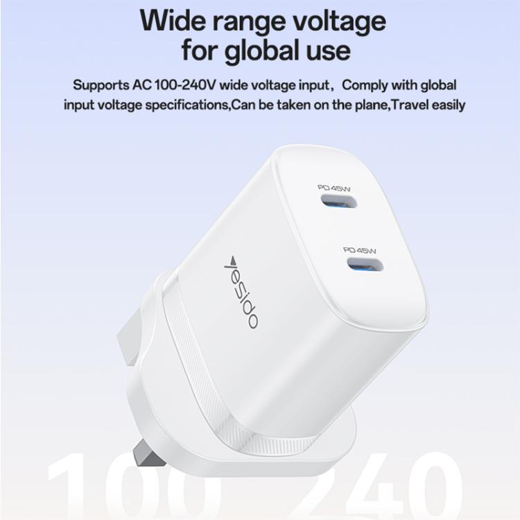 Yesido PD45W Dual Type-C Fast Charger Kit with Type-C to Type-C Cable, Plug:UK Plug - White