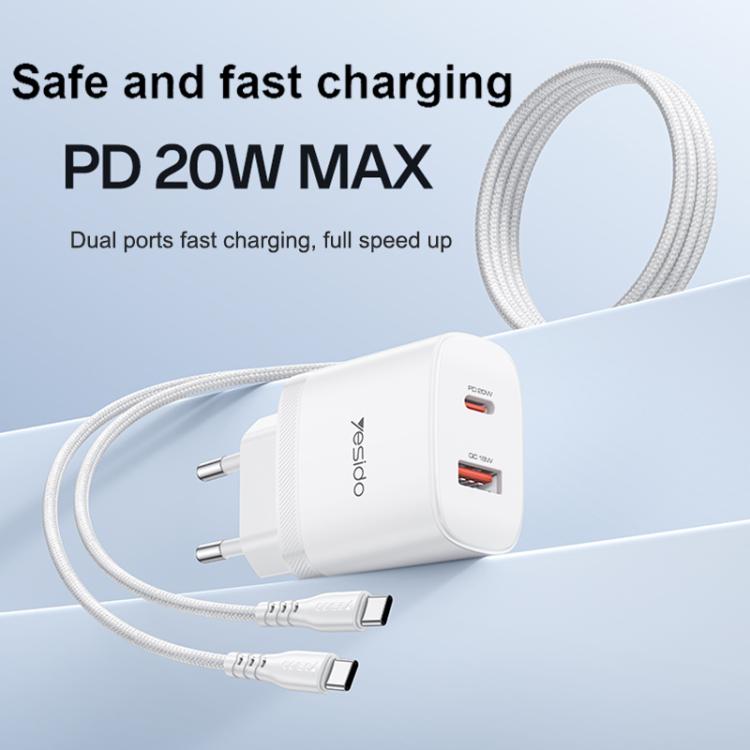 Yesido YC106 PD20W USB-C / Type-C and QC18W USB-A Dual Ports Charger Set with Type-C to Type-C Cable, EU Plug - White