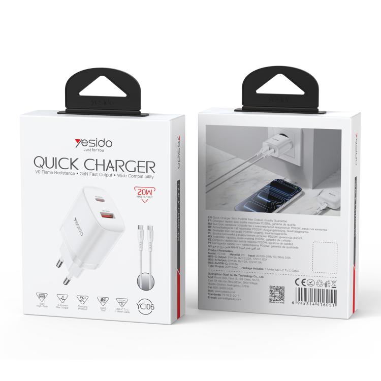 Yesido YC106 PD20W USB-C / Type-C and QC18W USB-A Dual Ports Charger Set with Type-C to Type-C Cable, EU Plug - White