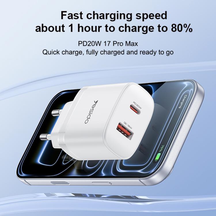Yesido YC106 PD20W USB-C / Type-C and QC18W USB-A Dual Ports Charger Set with Type-C to Type-C Cable, EU Plug - White