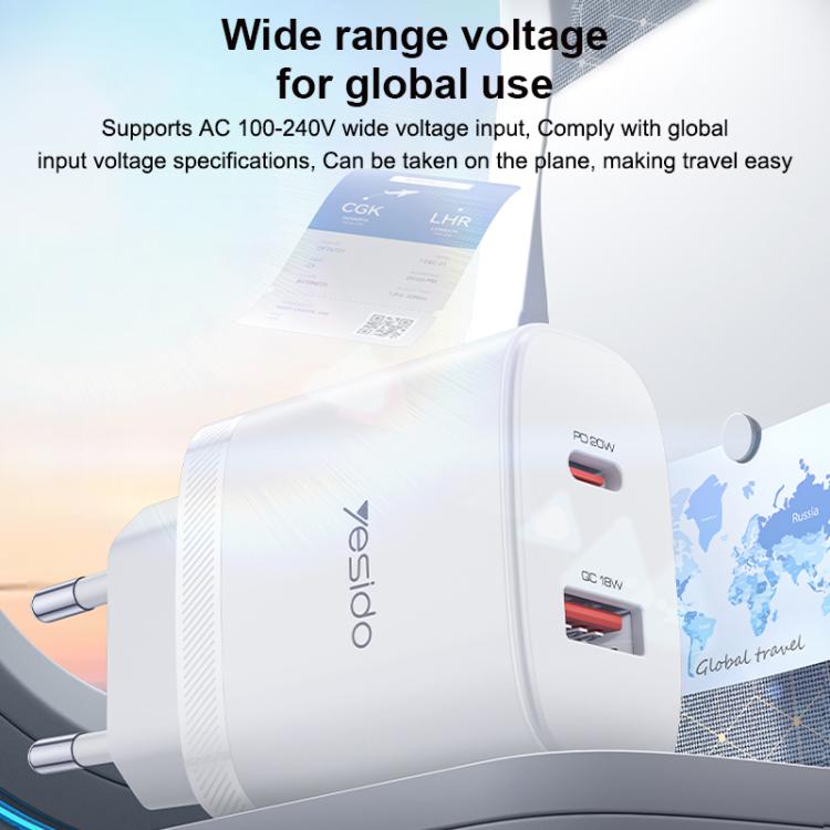Yesido YC106 PD20W USB-C / Type-C and QC18W USB-A Dual Ports Charger Set with Type-C to Type-C Cable, EU Plug - White