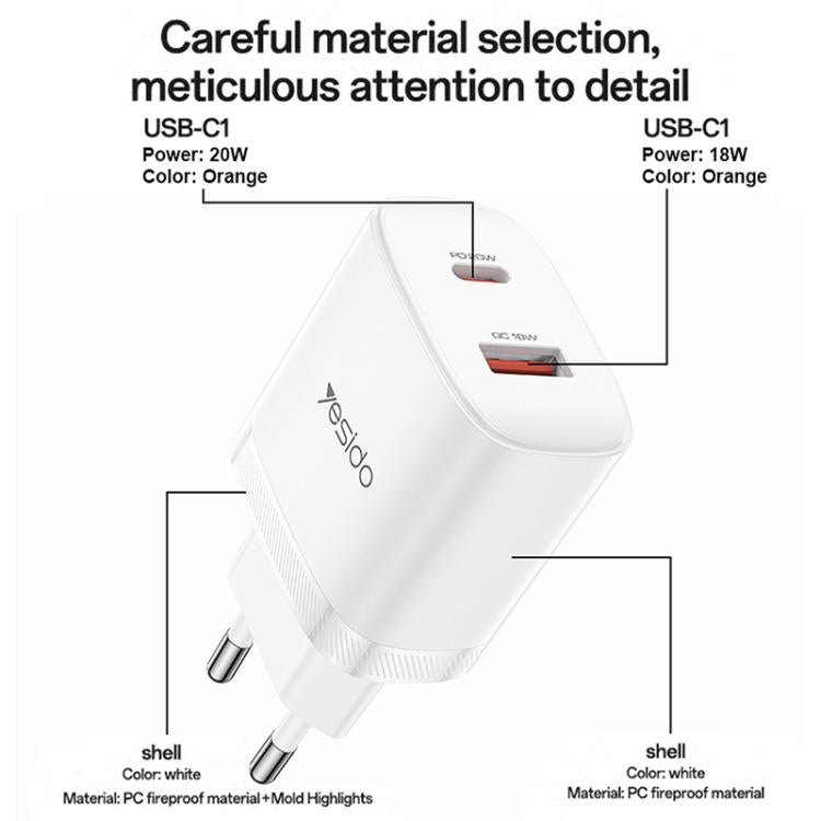 Yesido YC106 PD20W USB-C / Type-C and QC18W USB-A Dual Ports Charger Set with Type-C to Type-C Cable, EU Plug - White