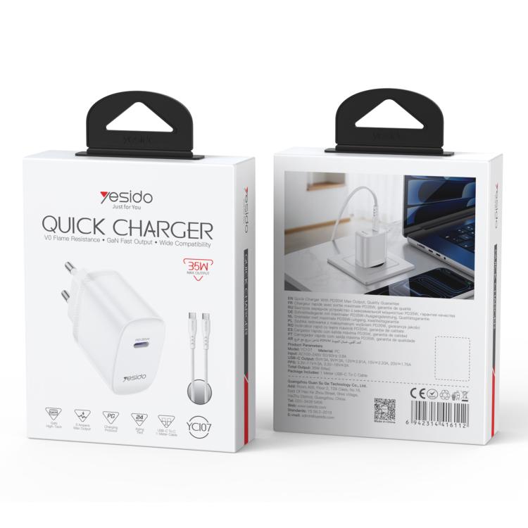 Yesido YC107 PD35W USB-C / Type-C Single Port Fast Charger Set with Type-C to Type-C Cable, EU Plug - White