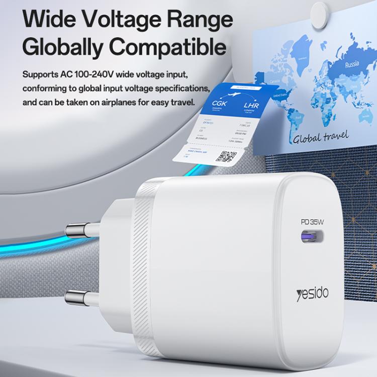 Yesido YC107 PD35W USB-C / Type-C Single Port Fast Charger Set with Type-C to Type-C Cable, EU Plug - White