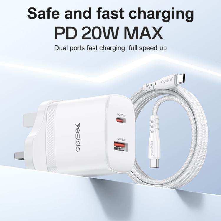 Yesido YC152 PD20W USB-C / Type-C and QC18W USB-A Dual Ports Charger Set with Type-C to Type-C Cable, UK Plug - White