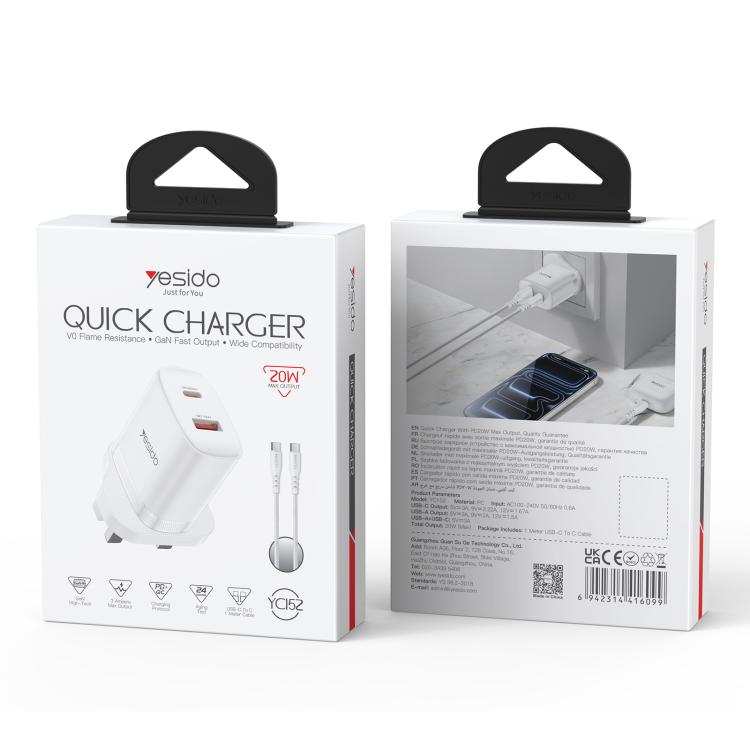 Yesido YC152 PD20W USB-C / Type-C and QC18W USB-A Dual Ports Charger Set with Type-C to Type-C Cable, UK Plug - White