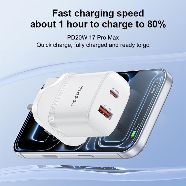 Yesido YC152 PD20W USB-C / Type-C and QC18W USB-A Dual Ports Charger Set with Type-C to Type-C Cable, UK Plug - White