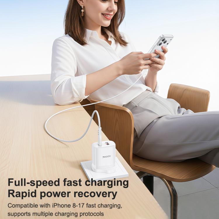 Yesido YC152 PD20W USB-C / Type-C and QC18W USB-A Dual Ports Charger Set with Type-C to Type-C Cable, UK Plug - White